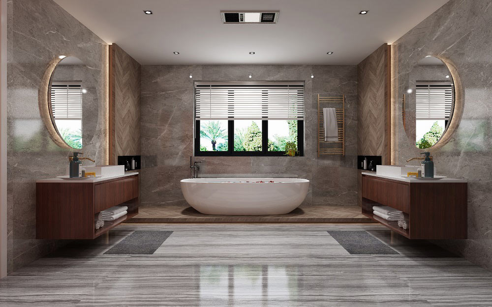 amazing custom bathroom with two vanity and freestanding bathtub - custom home contractors