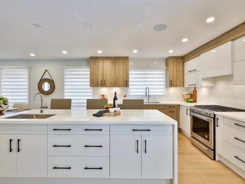 white luxury kitchen with wooden doors 